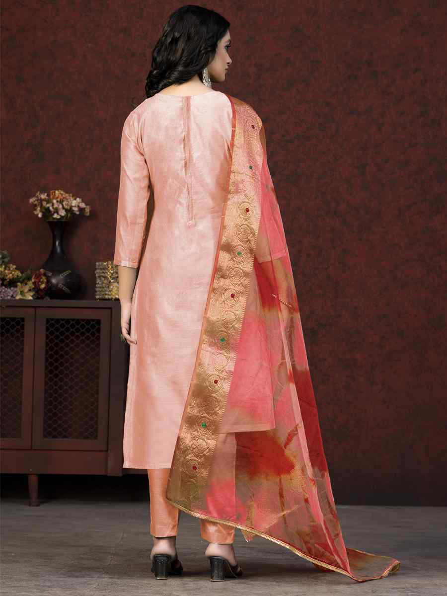 Peach Modal Chanderi Embroidered Casual Festival Pant Salwar Kameez