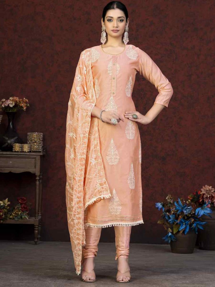 Peach Modal Chanderi Embroidered Casual Festival Pant Salwar Kameez