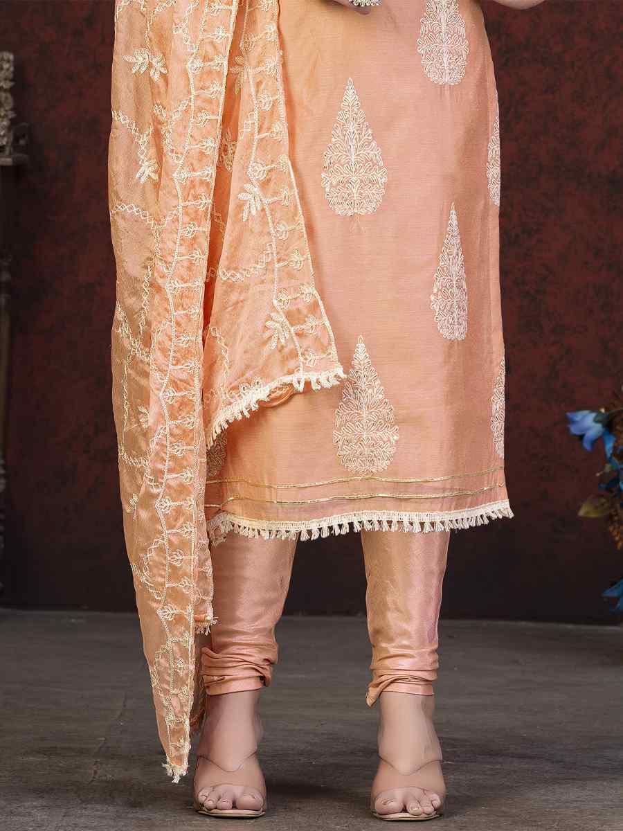 Peach Modal Chanderi Embroidered Casual Festival Pant Salwar Kameez