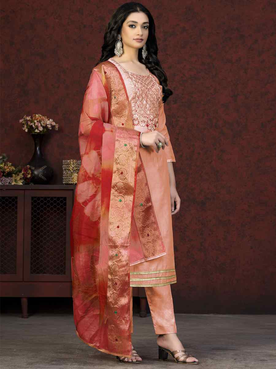 Peach Modal Chanderi Embroidered Casual Festival Pant Salwar Kameez