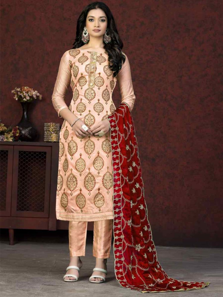Peach Modal Chanderi Embroidered Casual Festival Pant Salwar Kameez