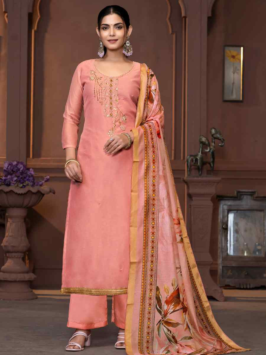 Peach Modal Cotton Embroidered Casual Festival Pant Salwar Kameez