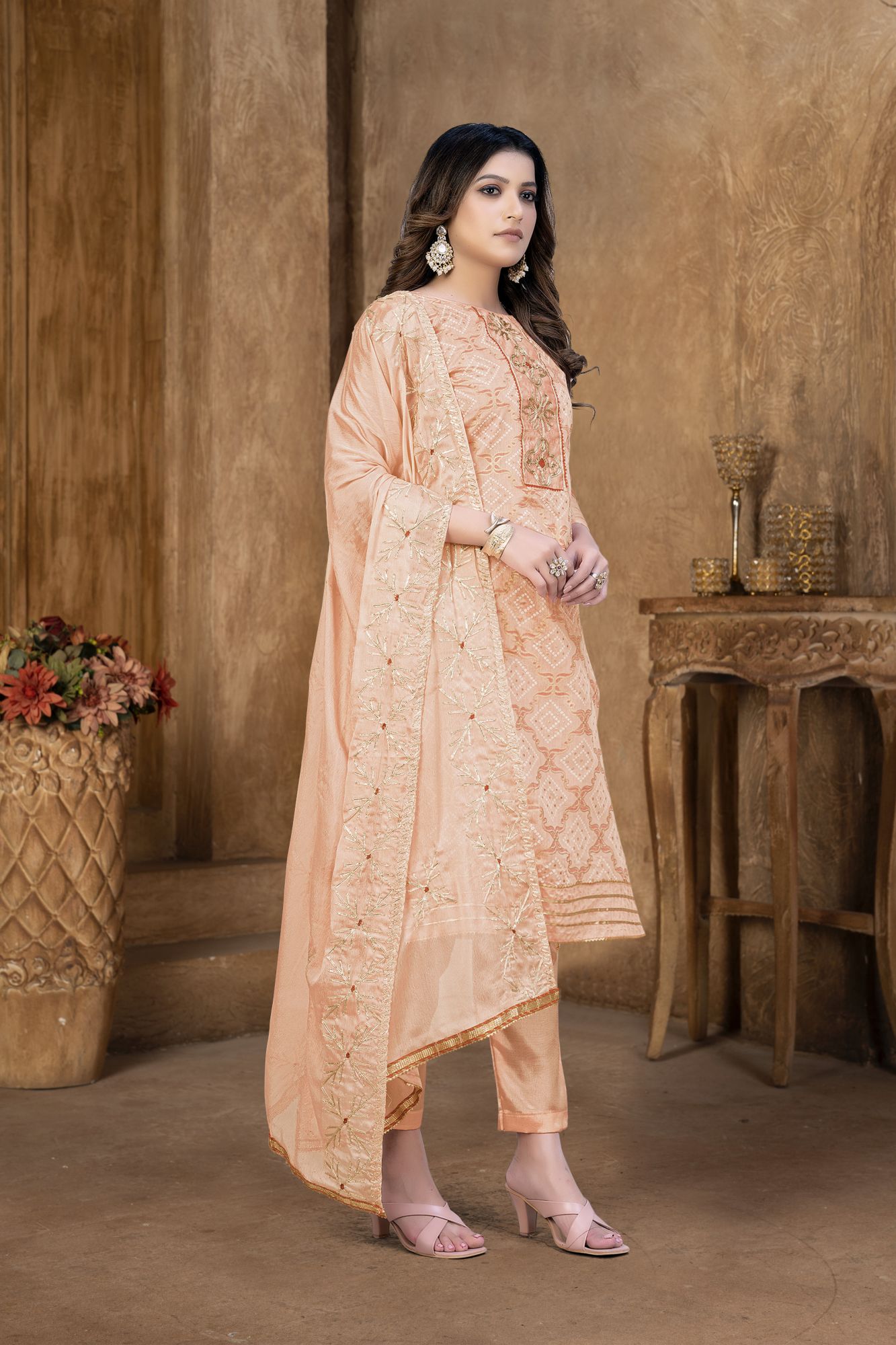 Peach Modal Cotton Embroidery Festival Party Pant Salwar Kameez
