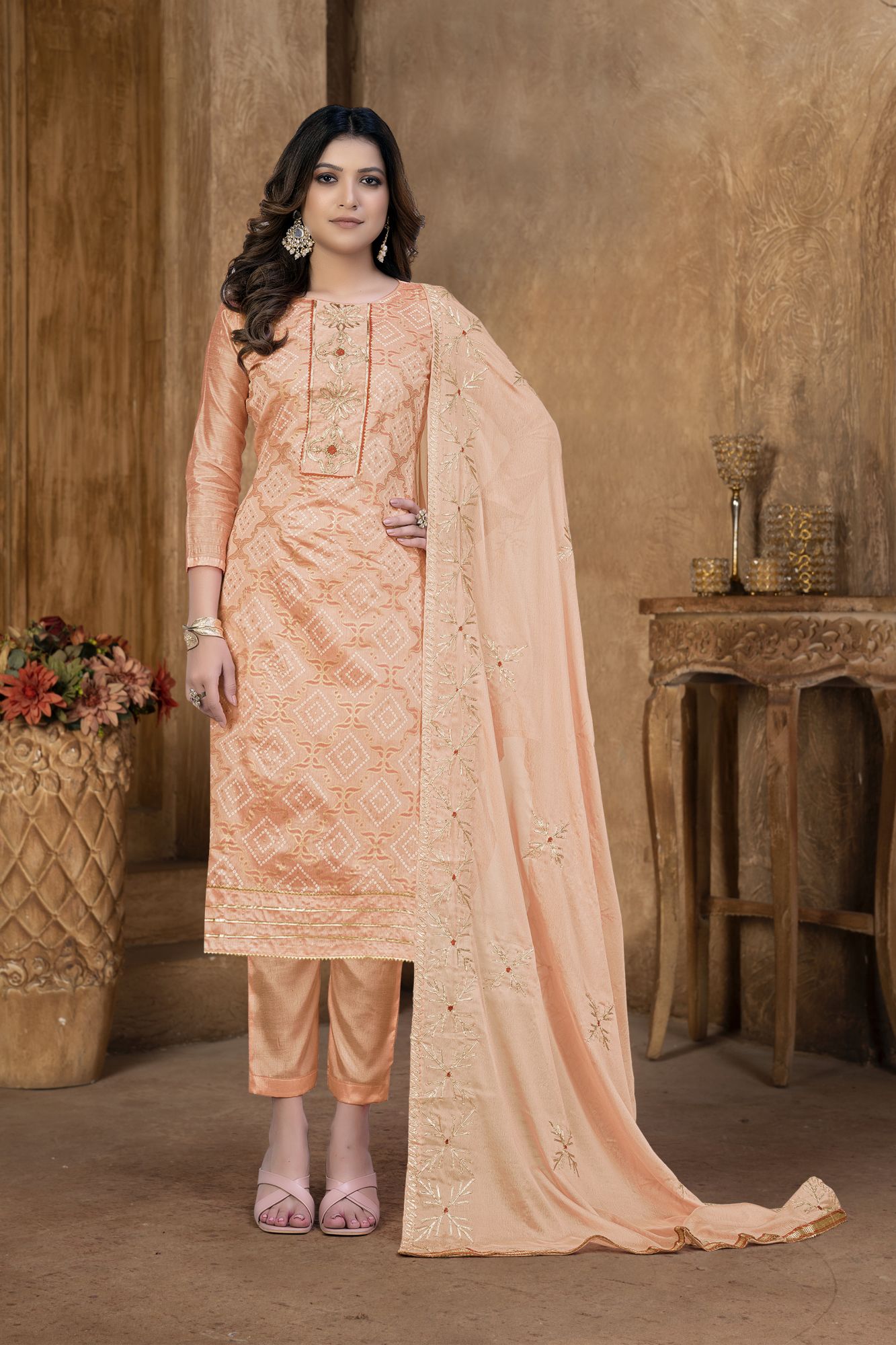 Peach Modal Cotton Embroidery Festival Party Pant Salwar Kameez