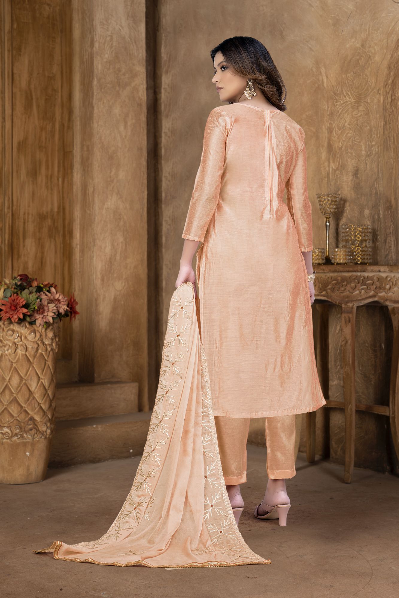 Peach Modal Cotton Embroidery Festival Party Pant Salwar Kameez