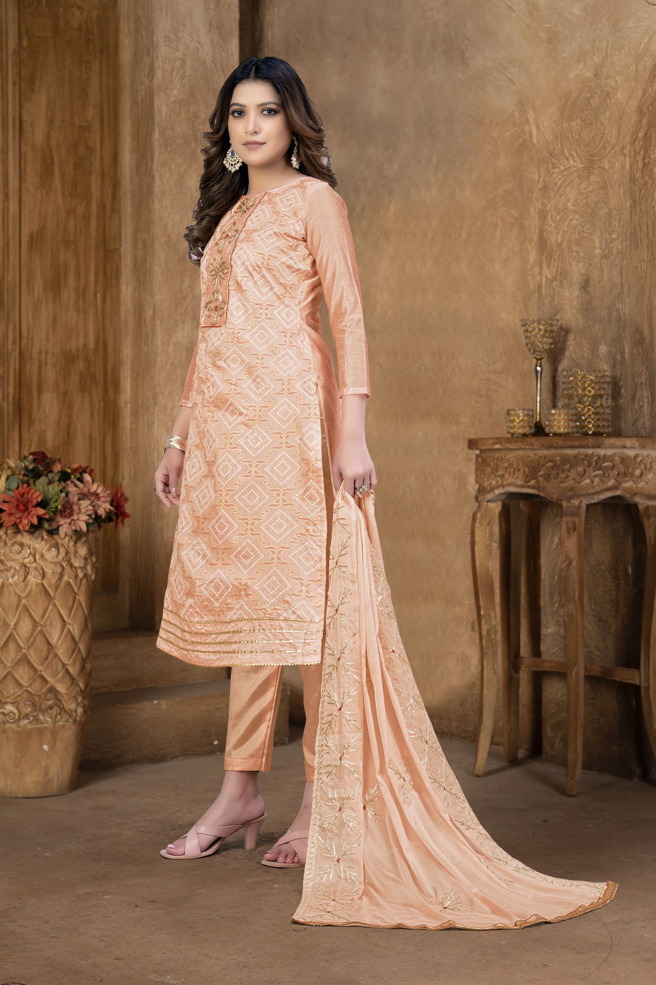 Peach Modal Cotton Embroidery Festival Party Pant Salwar Kameez