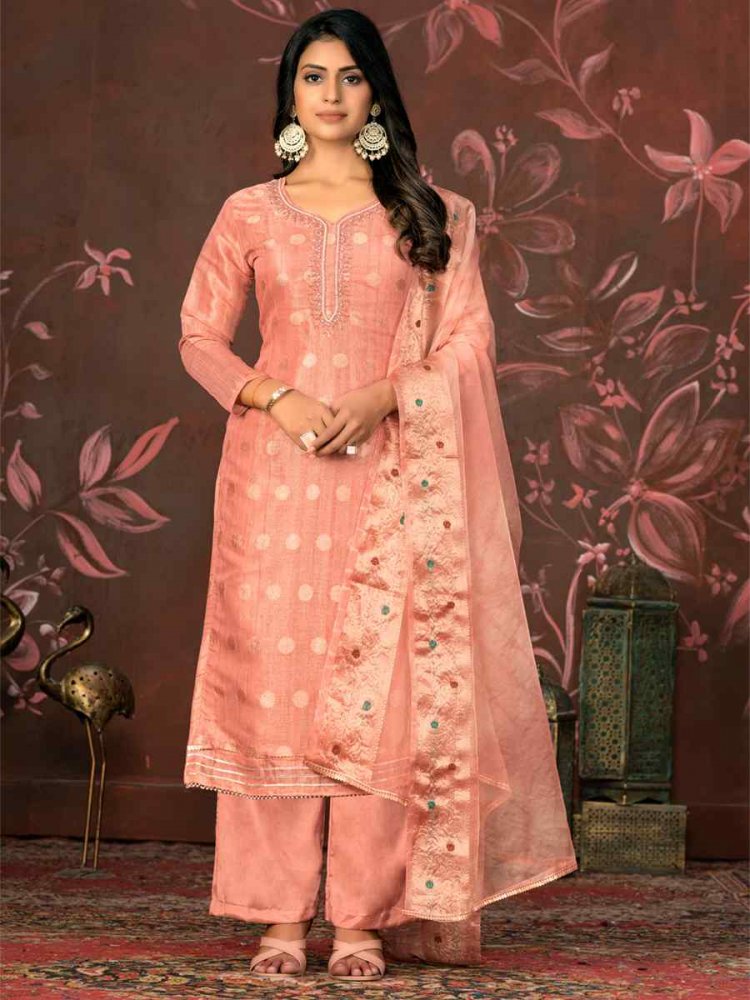 Peach Modal Cotton Jacquard Embroidered Casual Festival Pant Salwar Kameez