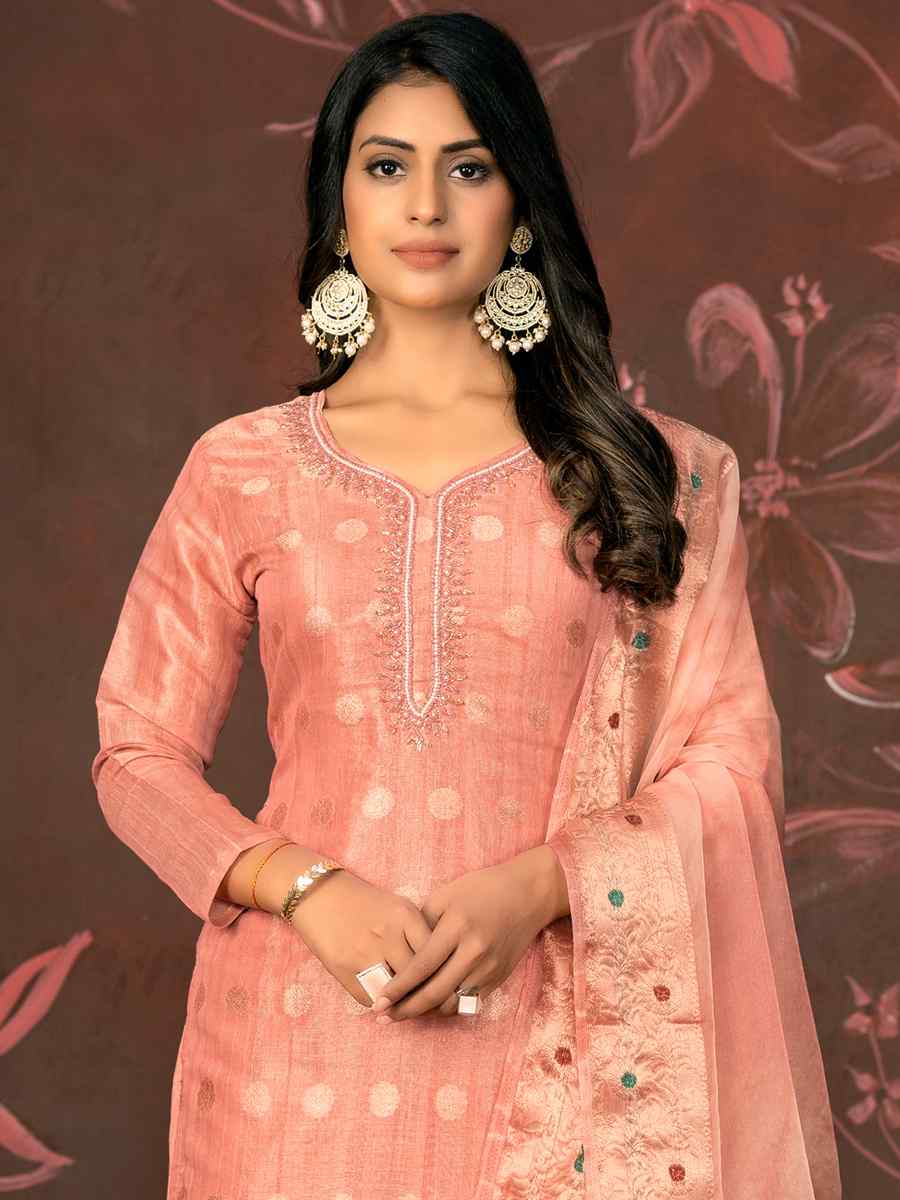 Peach Modal Cotton Jacquard Embroidered Casual Festival Pant Salwar Kameez