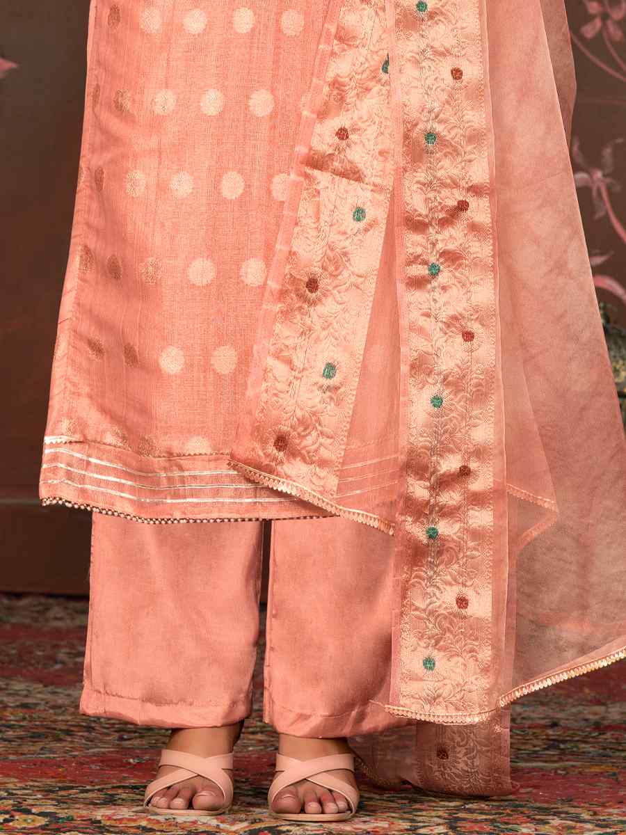 Peach Modal Cotton Jacquard Embroidered Casual Festival Pant Salwar Kameez