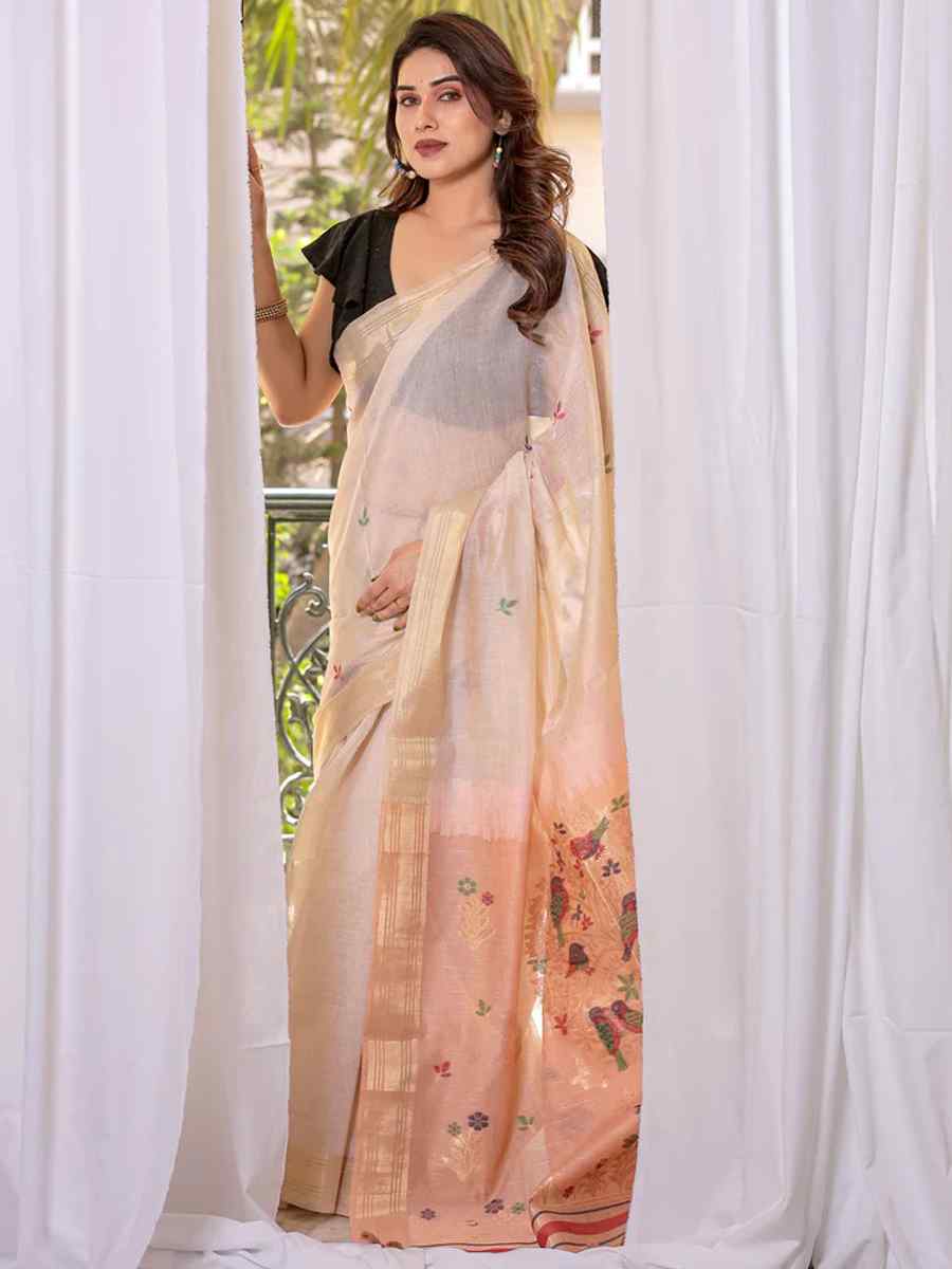 Peach Muga Cotton Handwoven Festival Casual Classic Style Saree