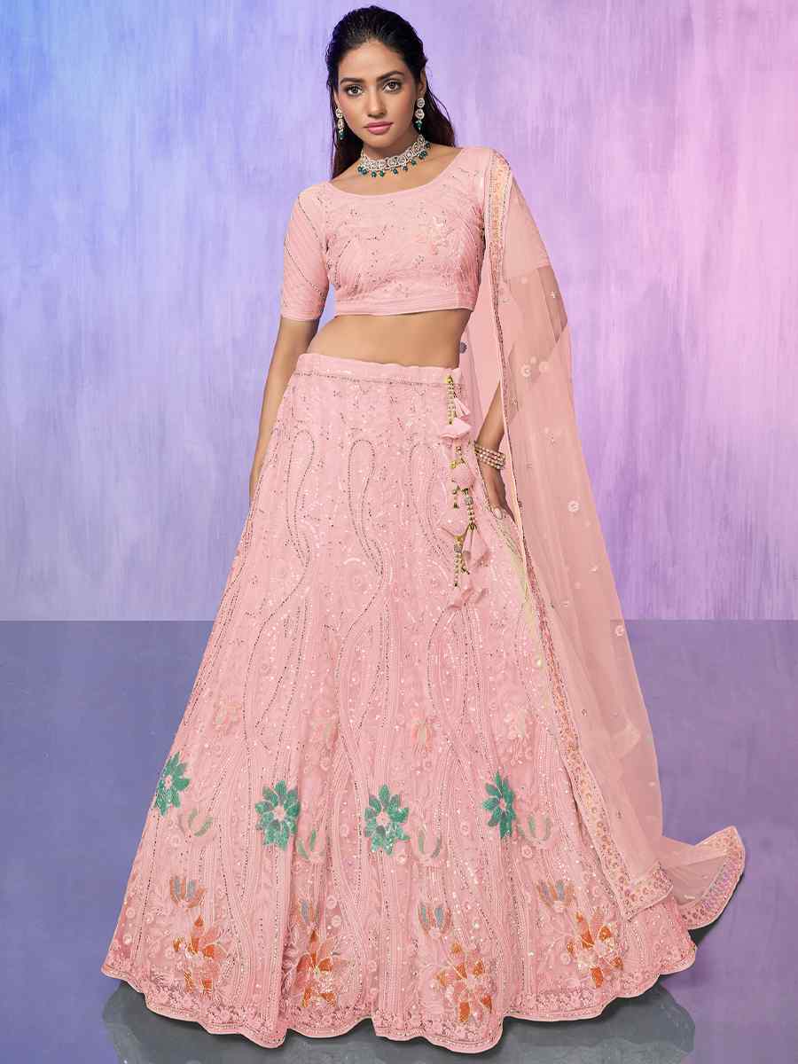 Peach Net Embroidered Bridal Reception Heavy Border Lehenga Choli