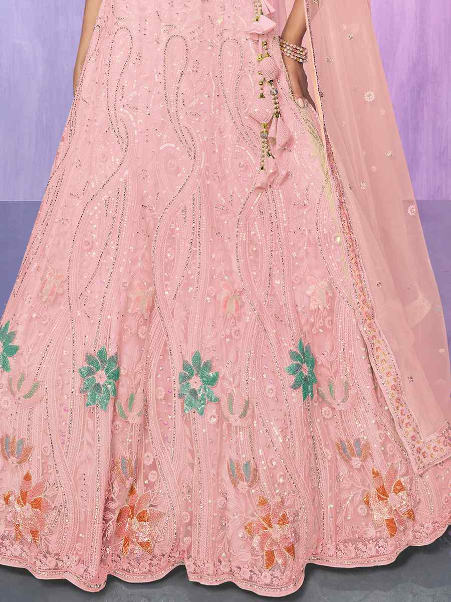 Peach Net Embroidered Bridal Reception Heavy Border Lehenga Choli