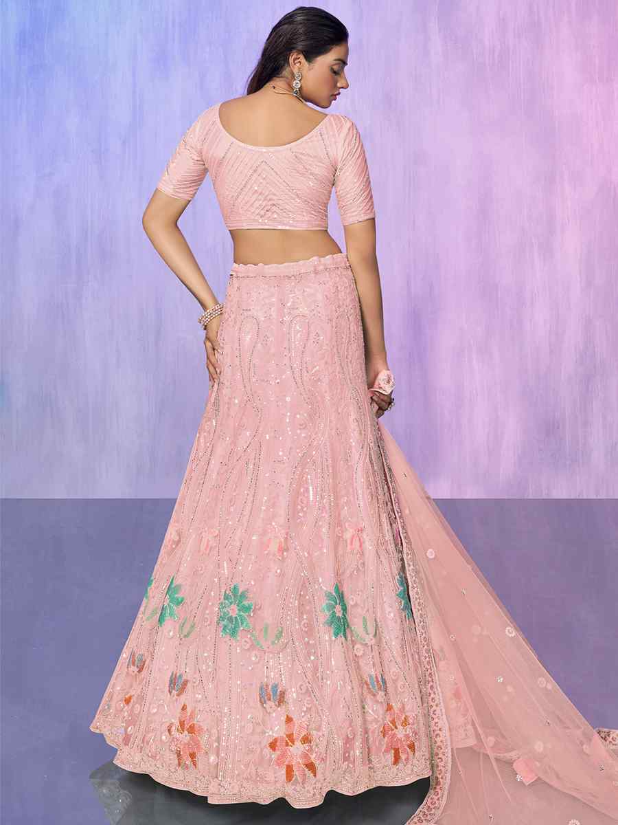 Peach Net Embroidered Bridal Reception Heavy Border Lehenga Choli