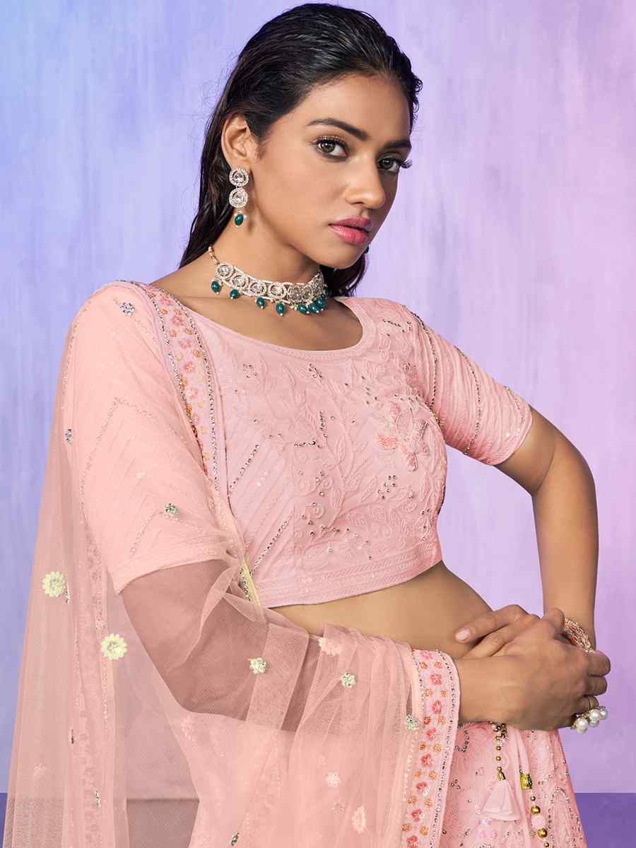Peach Net Embroidered Bridal Reception Heavy Border Lehenga Choli