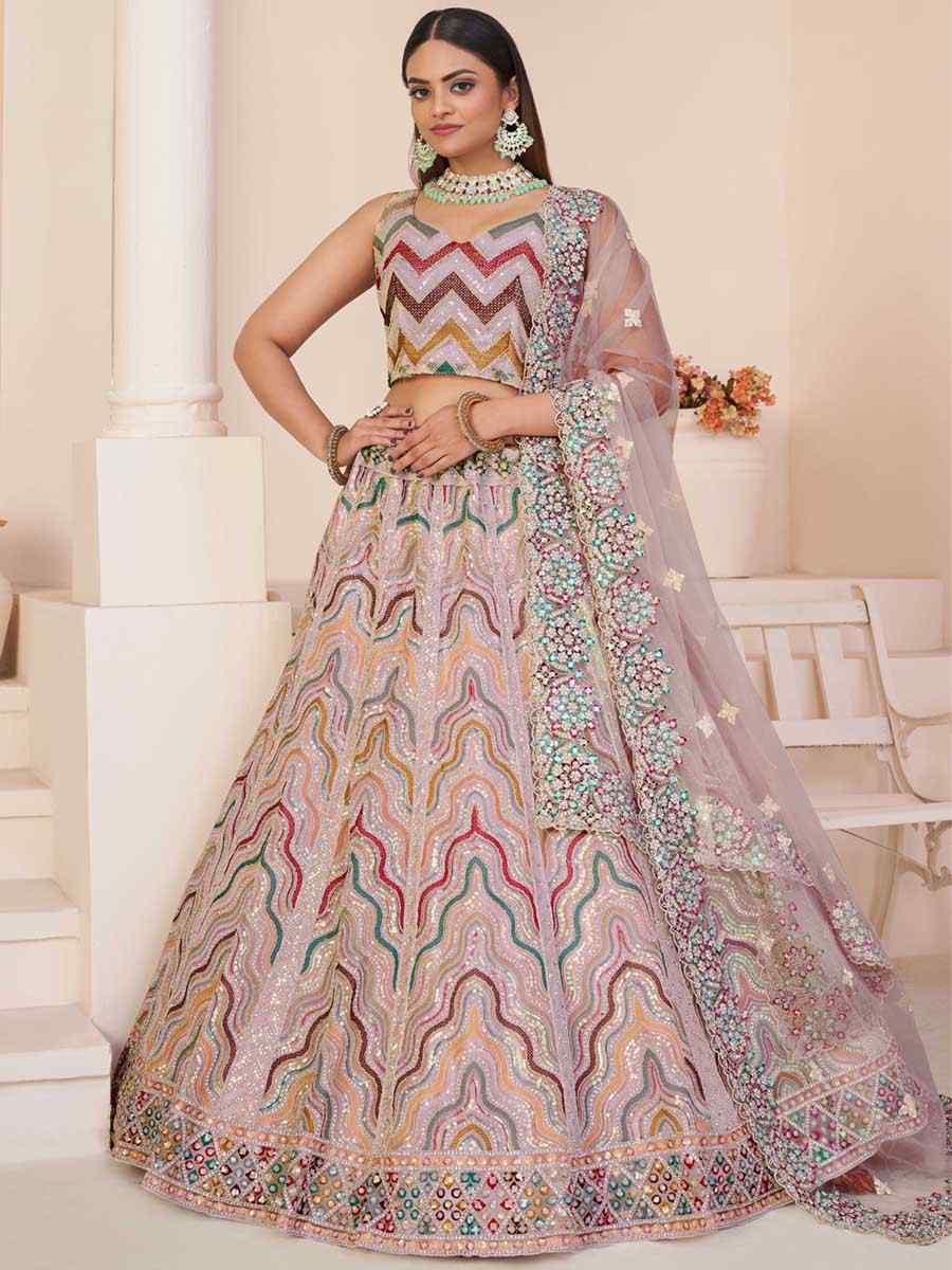 Peach Net Embroidered Bridal Reception Heavy Border Lehenga Choli