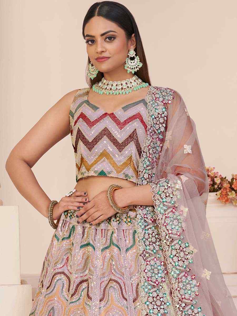 Peach Net Embroidered Bridal Reception Heavy Border Lehenga Choli