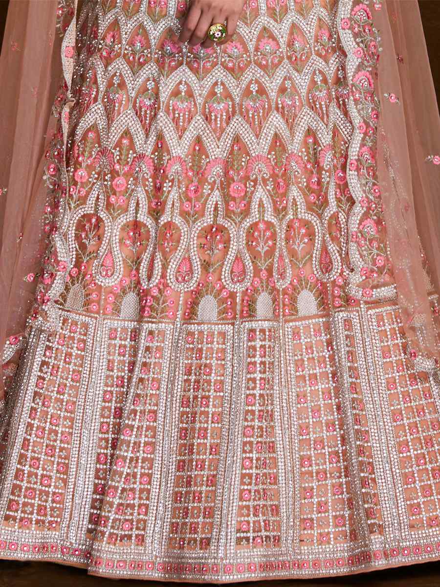 Peach Net Embroidered Bridal Wedding Heavy Border Lehenga Choli