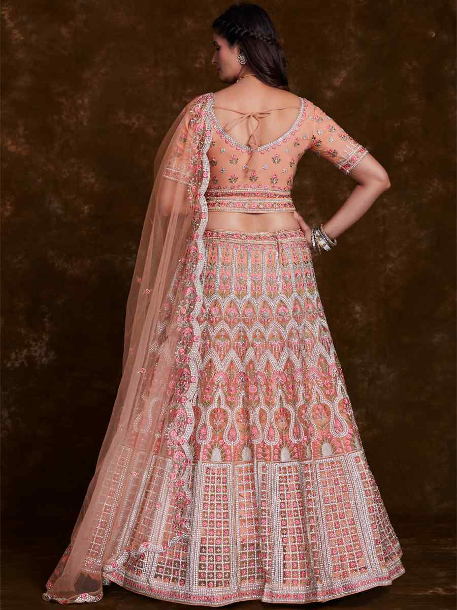 Peach Net Embroidered Bridal Wedding Heavy Border Lehenga Choli