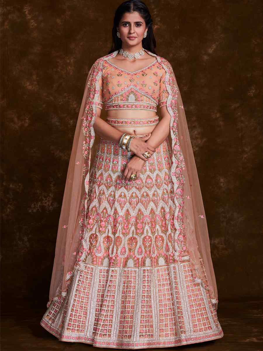 Peach Net Embroidered Bridal Wedding Heavy Border Lehenga Choli