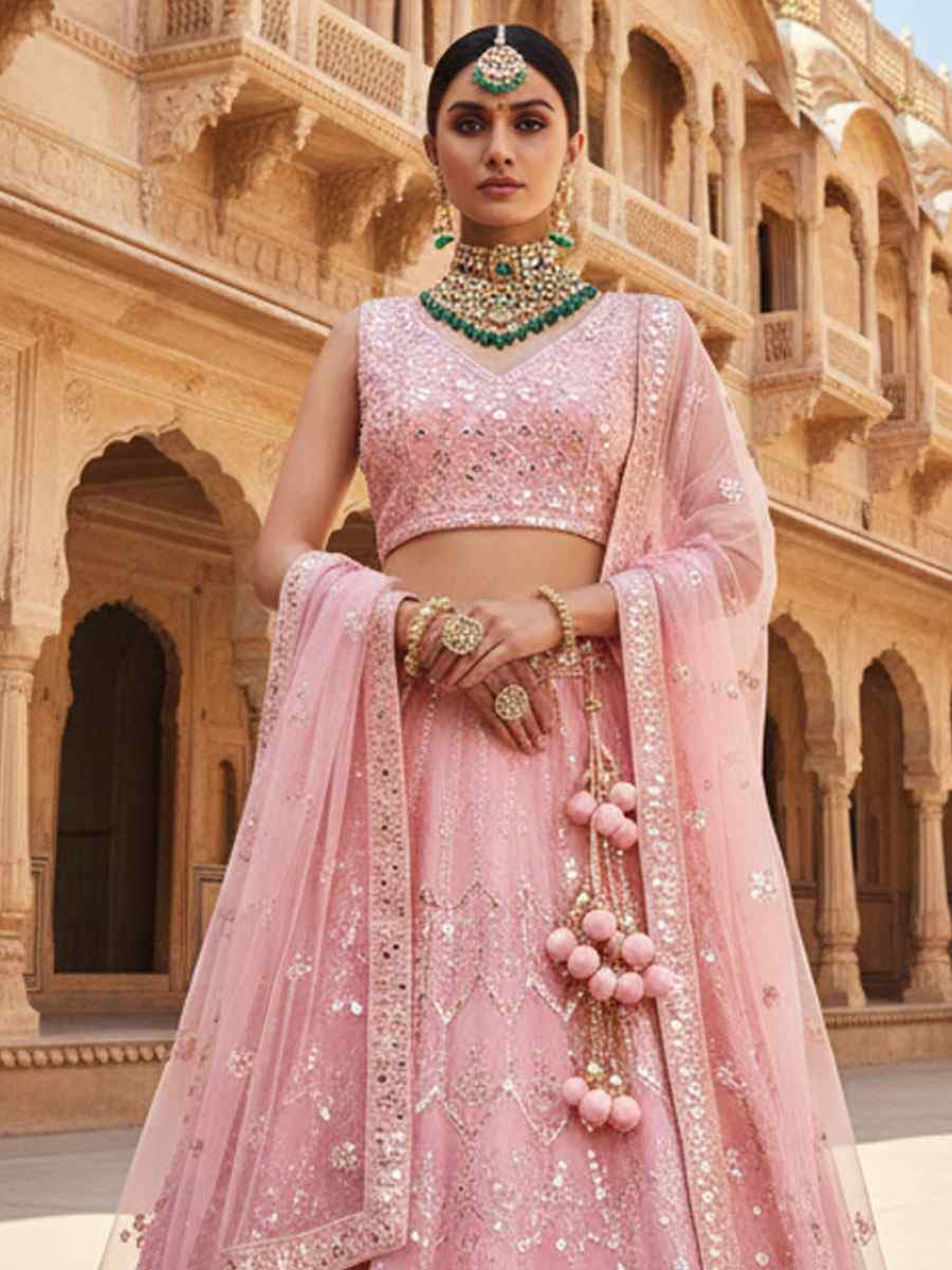 Peach Net Embroidered Bridal Wedding Reception Festival Heavy Border Lehenga Choli
