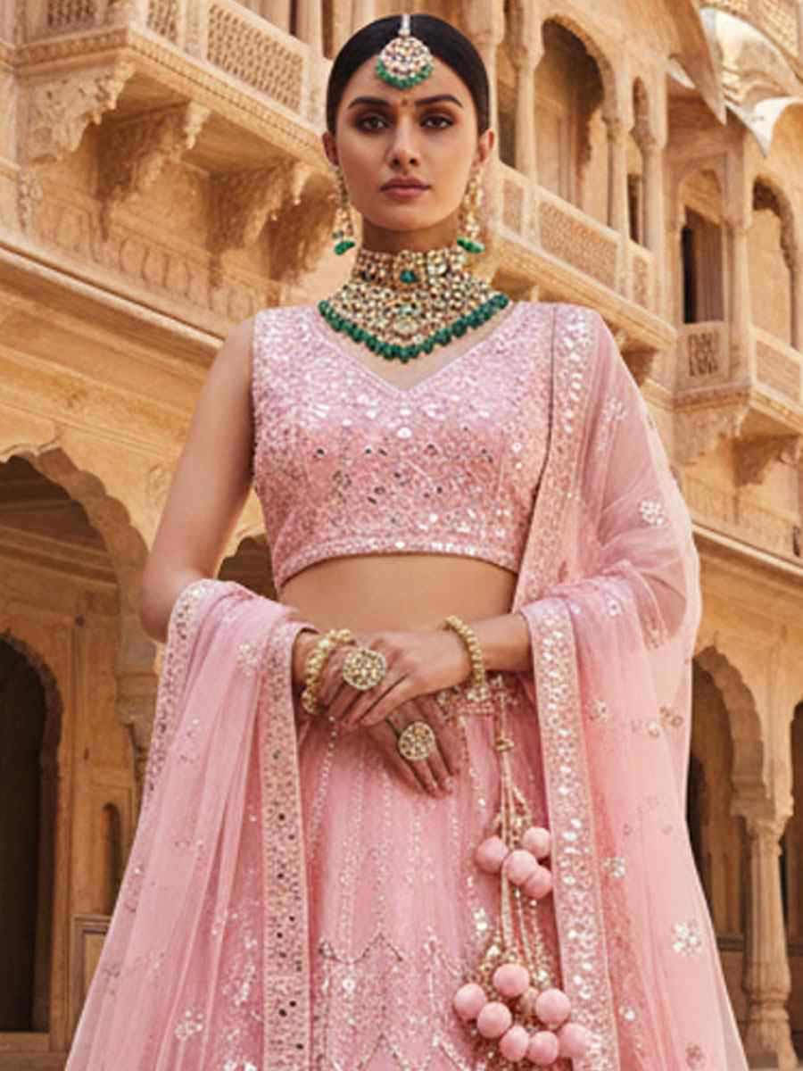 Peach Net Embroidered Bridal Wedding Reception Festival Heavy Border Lehenga Choli