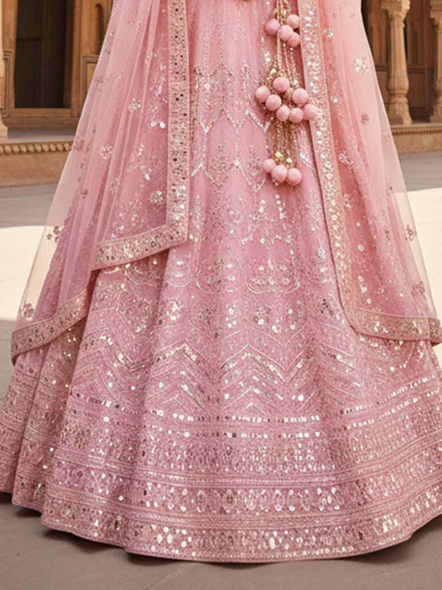 Peach Net Embroidered Bridal Wedding Reception Festival Heavy Border Lehenga Choli