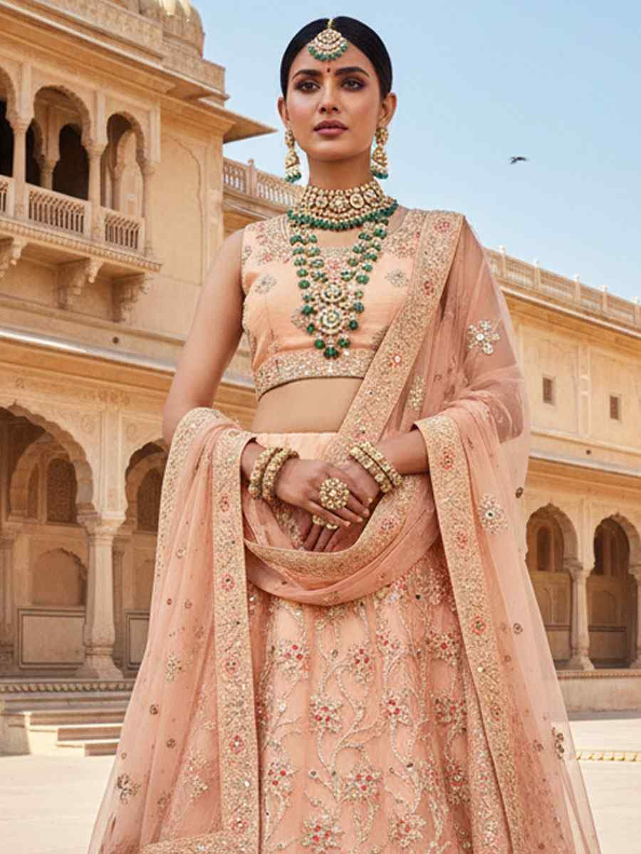 Peach Net Embroidered Bridal Wedding Reception Festival Heavy Border Lehenga Choli