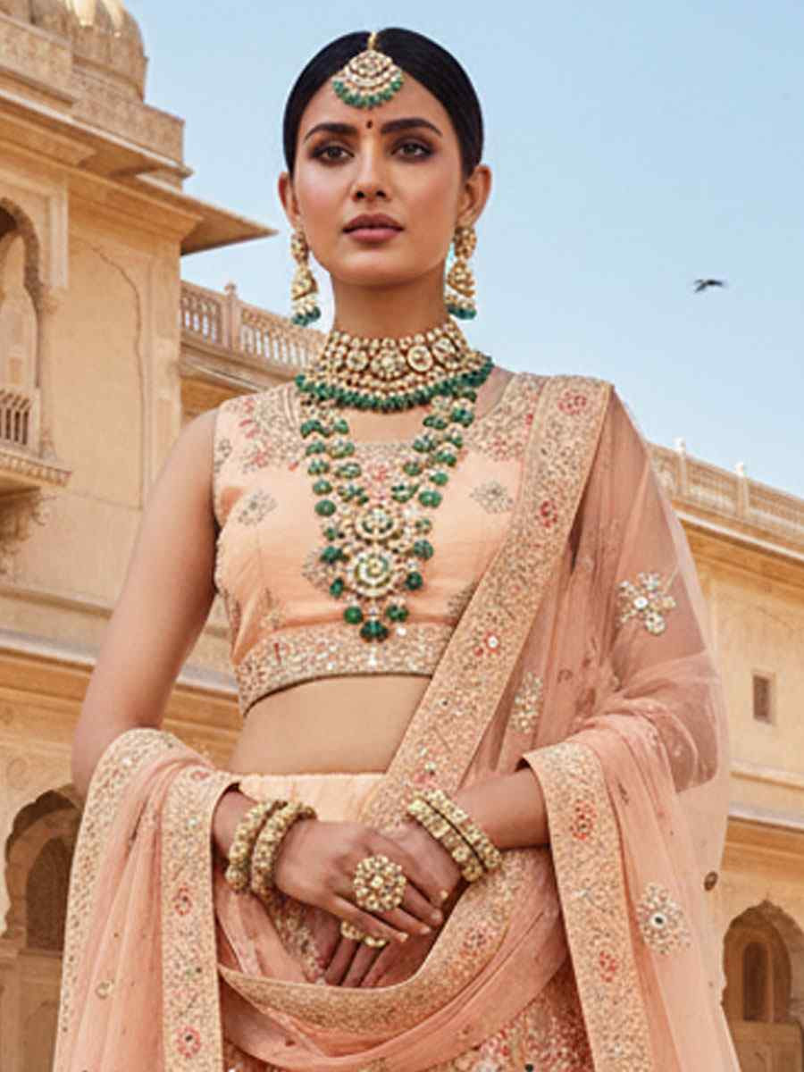Peach Net Embroidered Bridal Wedding Reception Festival Heavy Border Lehenga Choli