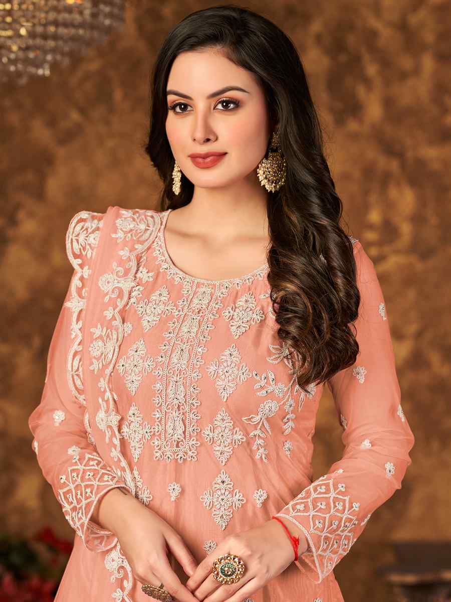 Peach Net Embroidered Festival Palazzo Pant Salwar Kameez