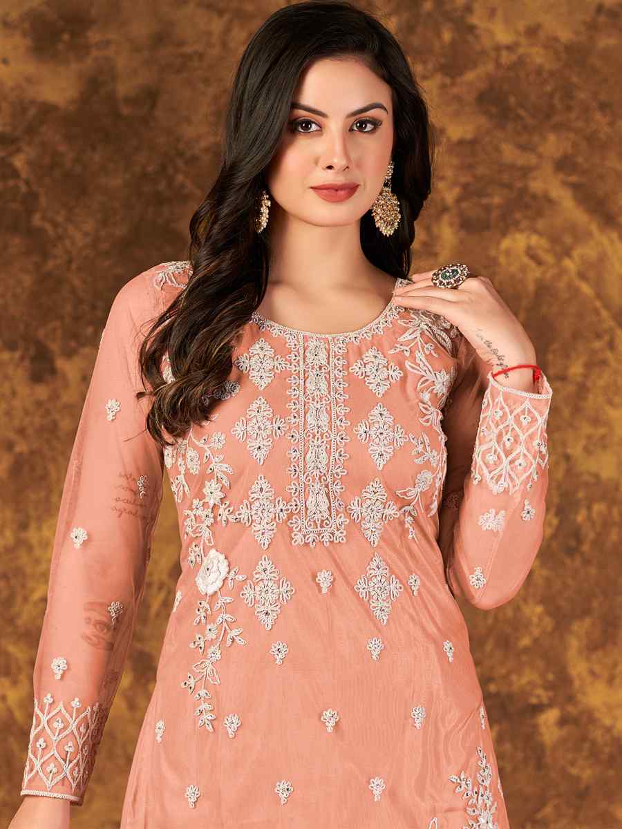 Peach Net Embroidered Festival Palazzo Pant Salwar Kameez