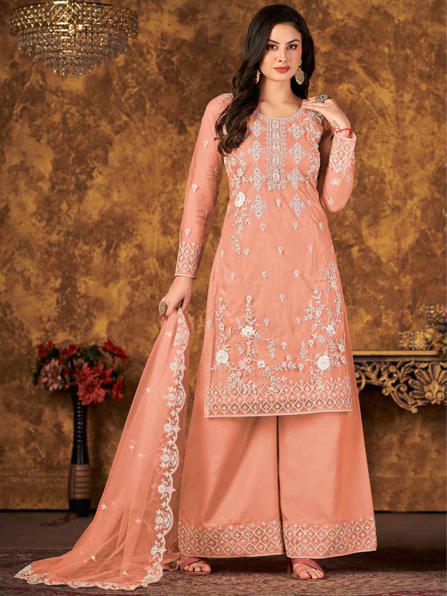 Peach Net Embroidered Festival Palazzo Pant Salwar Kameez