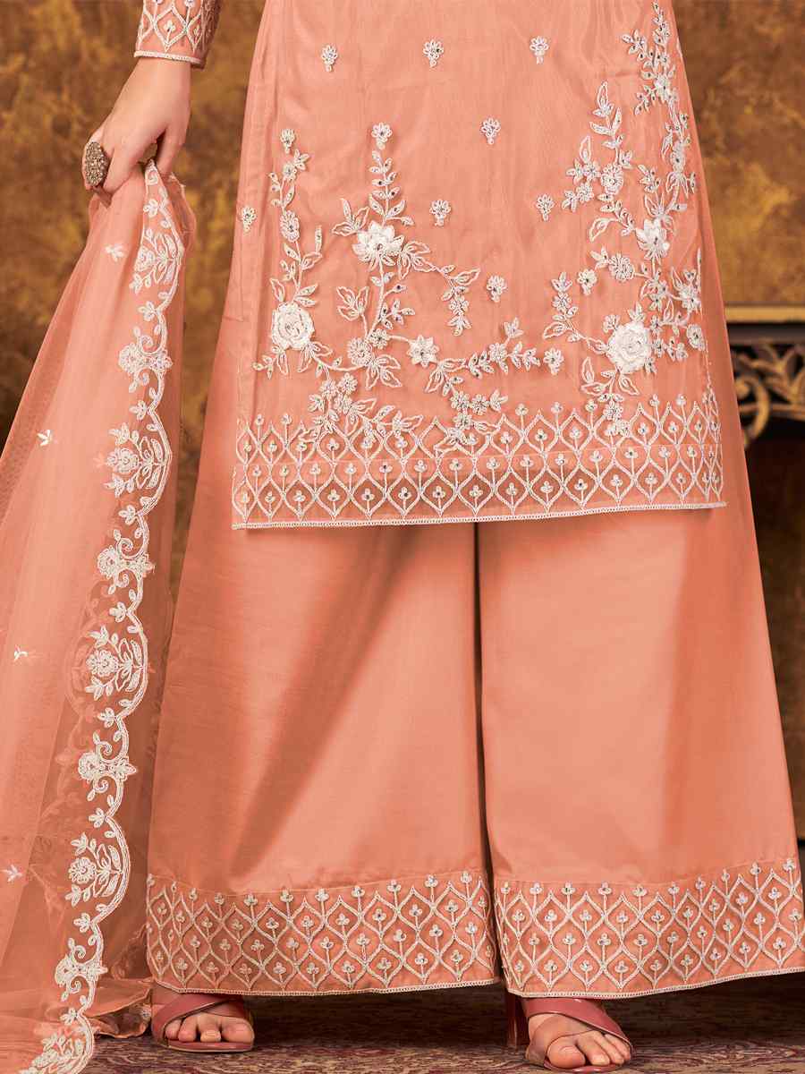Peach Net Embroidered Festival Palazzo Pant Salwar Kameez