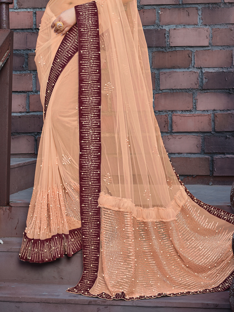 Peach Net Embroidered Festival Party Contemporary Sarees