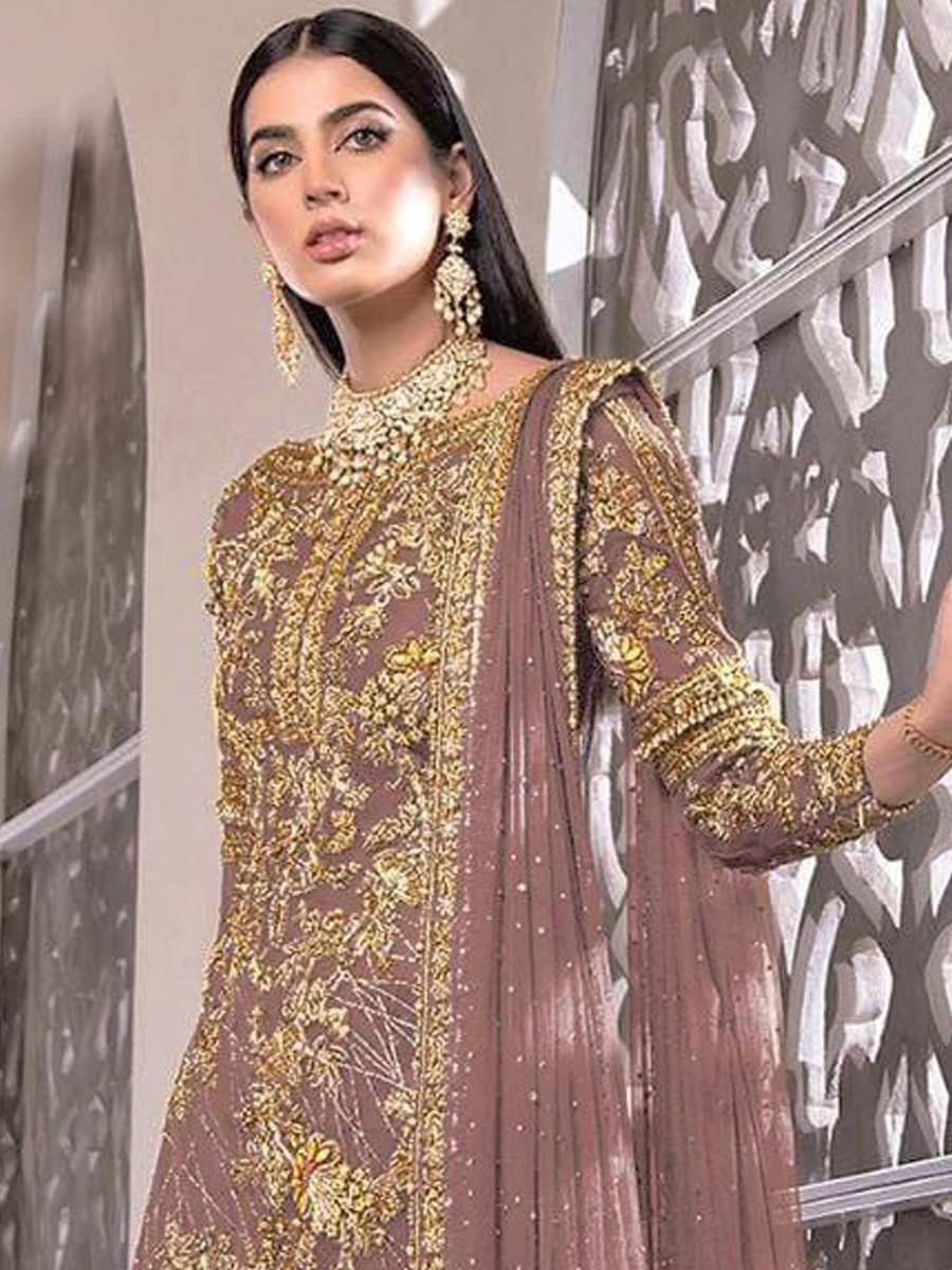 Peach Net Embroidered Festival Party Pant Salwar Kameez