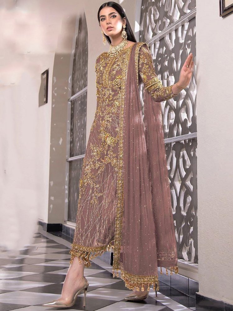 Peach Net Embroidered Festival Party Pant Salwar Kameez