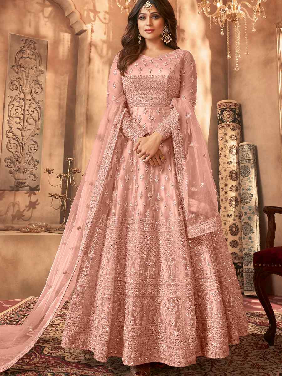 Peach Net Embroidered Festival Wedding Anarkali Salwar Kameez