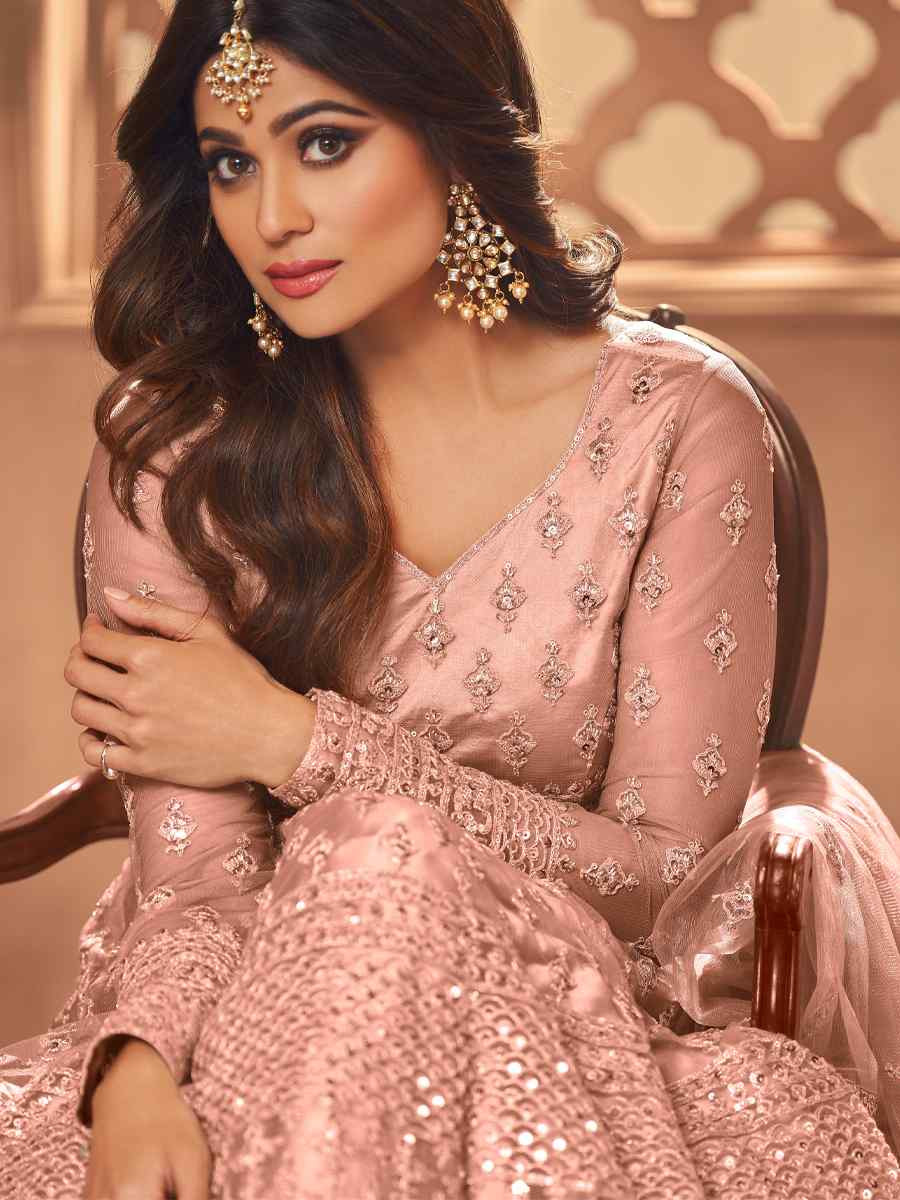 Peach Net Embroidered Festival Wedding Anarkali Salwar Kameez