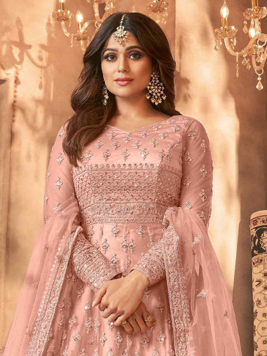 Peach Net Embroidered Festival Wedding Anarkali Salwar Kameez
