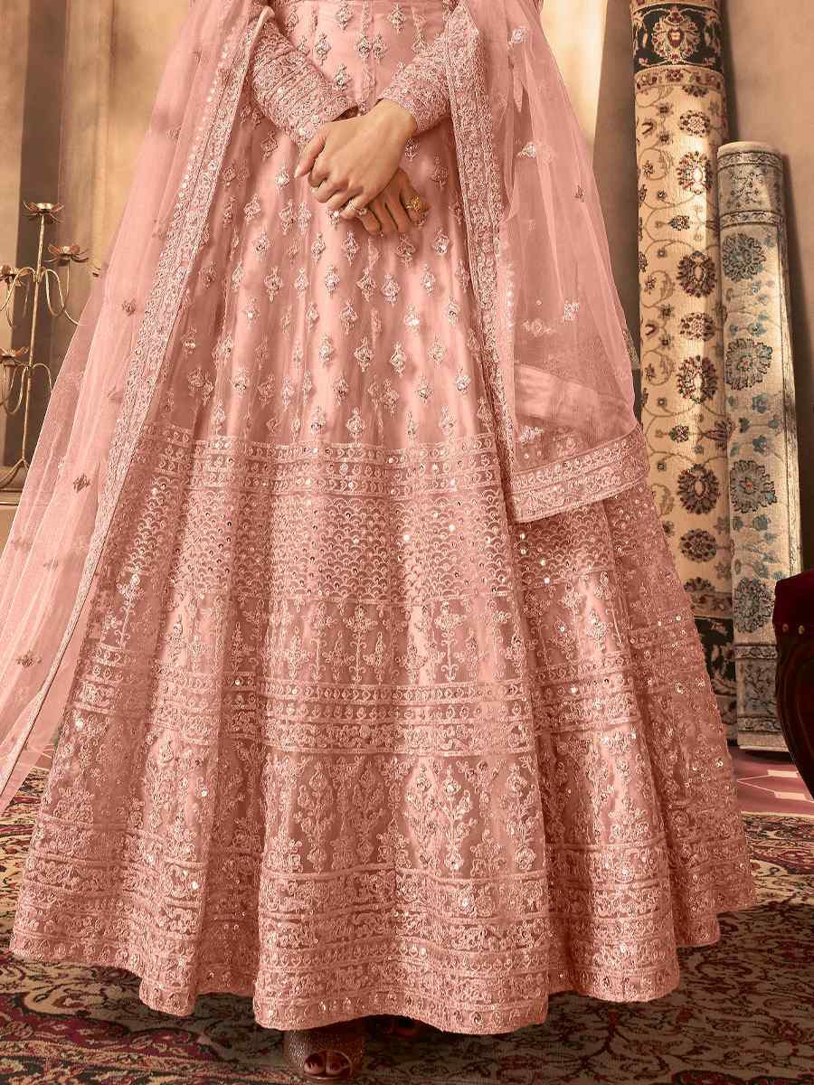 Peach Net Embroidered Festival Wedding Anarkali Salwar Kameez