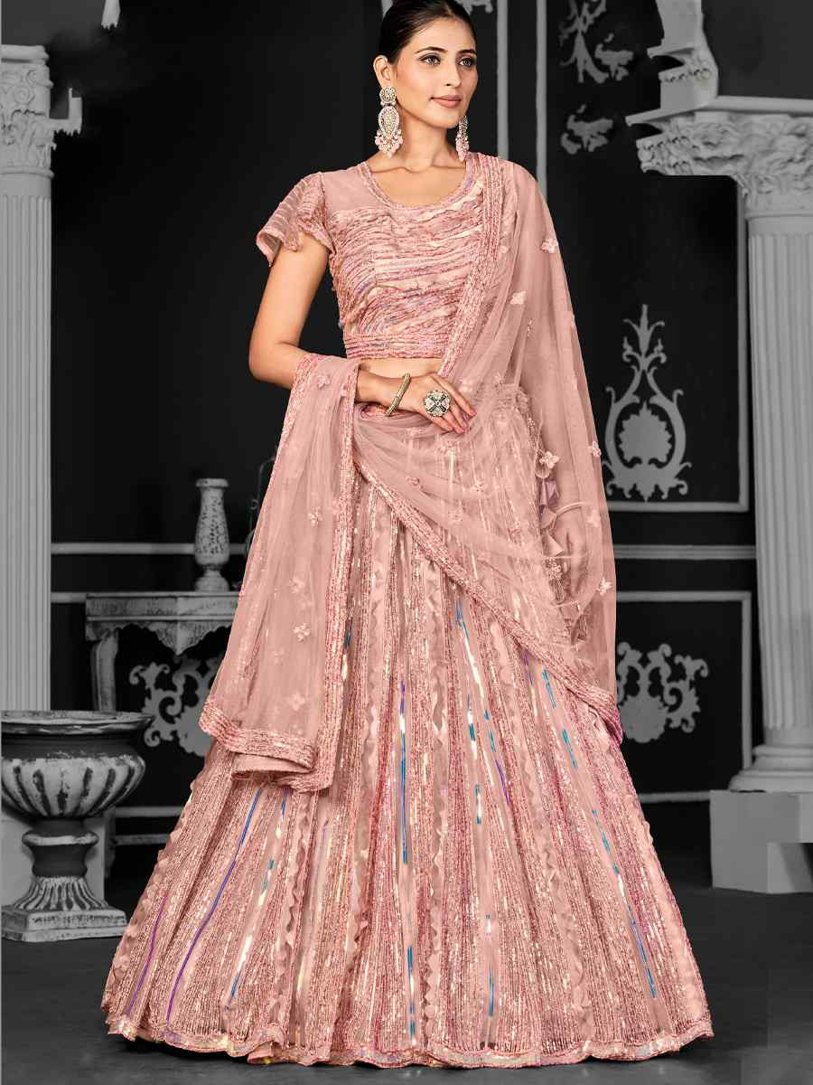 Peach Net Embroidered Festival Wedding Ceremony Circular Lehenga Choli