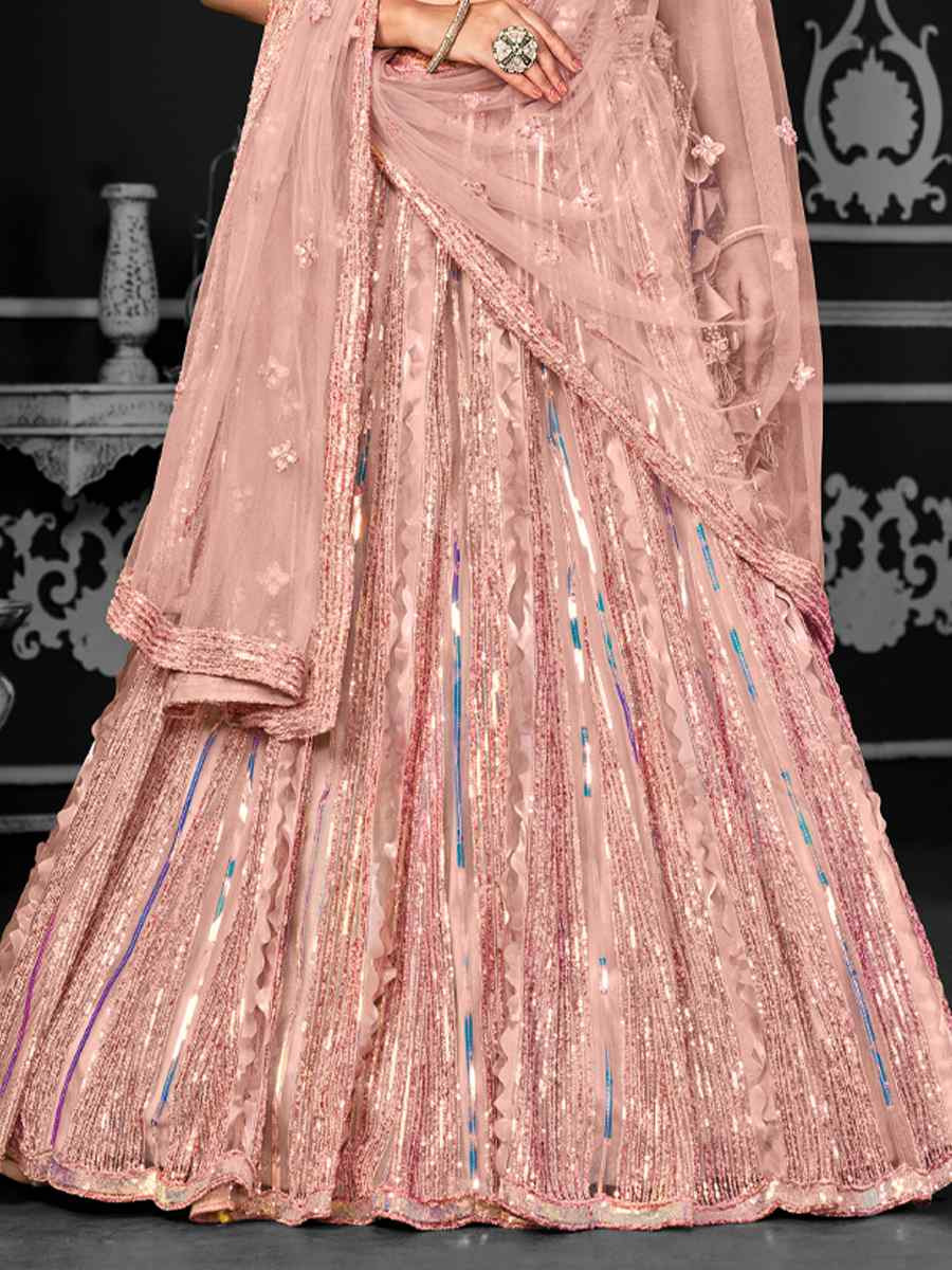 Peach Net Embroidered Festival Wedding Ceremony Circular Lehenga Choli