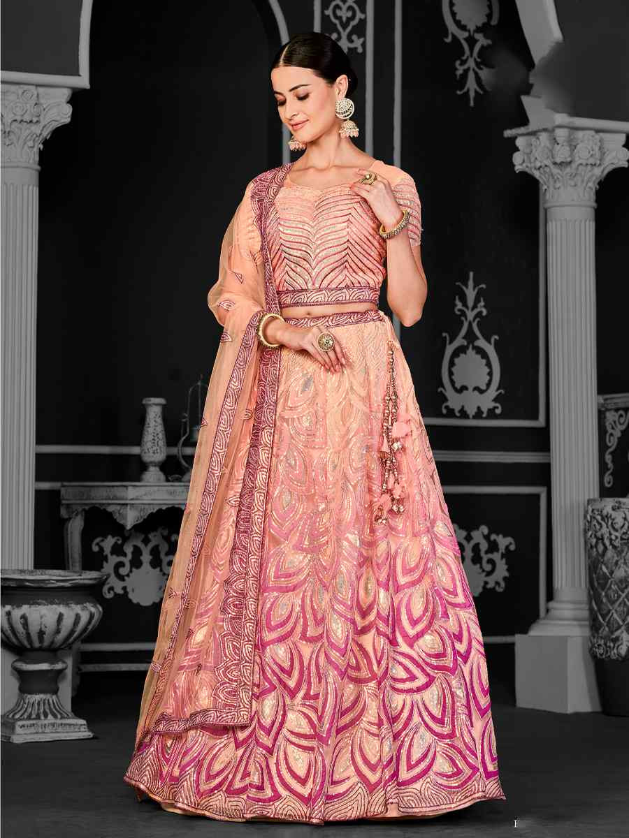 Peach Net Embroidered Festival Wedding Ceremony Circular Lehenga Choli