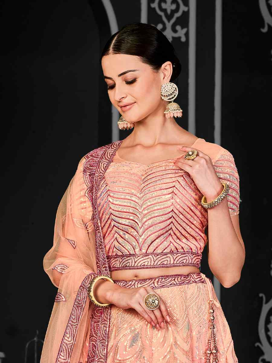Peach Net Embroidered Festival Wedding Ceremony Circular Lehenga Choli