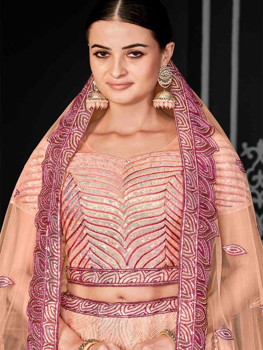 Peach Net Embroidered Festival Wedding Ceremony Circular Lehenga Choli