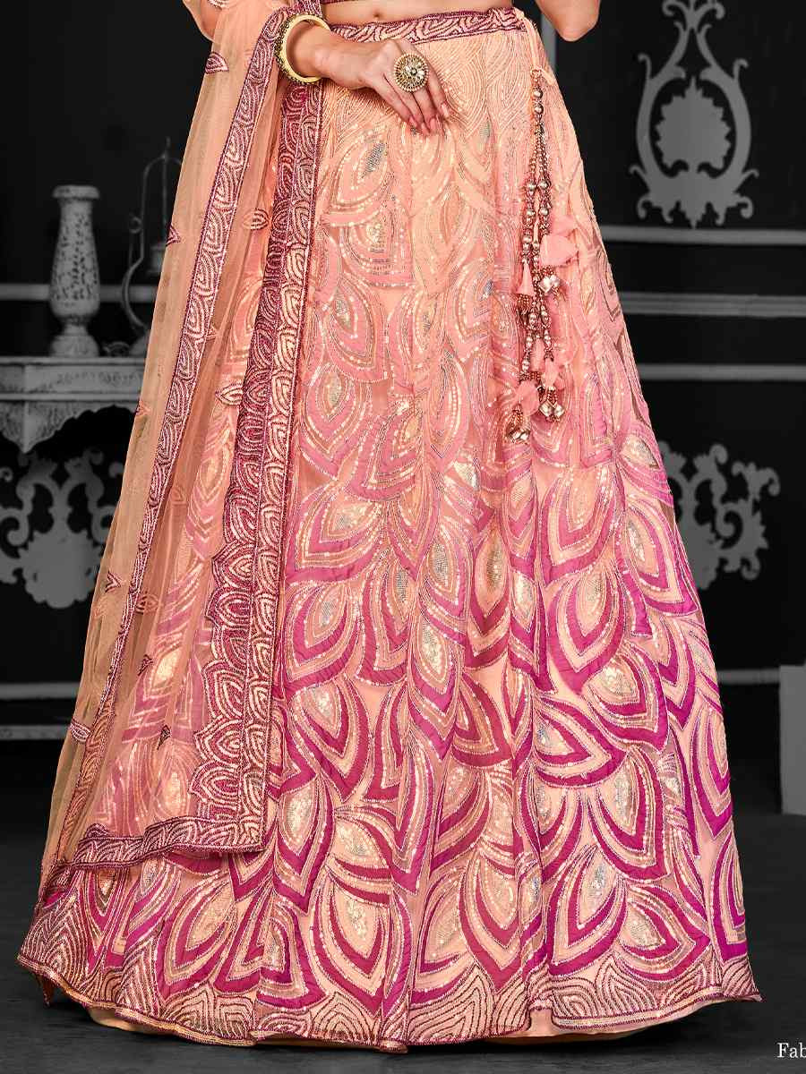 Peach Net Embroidered Festival Wedding Ceremony Circular Lehenga Choli