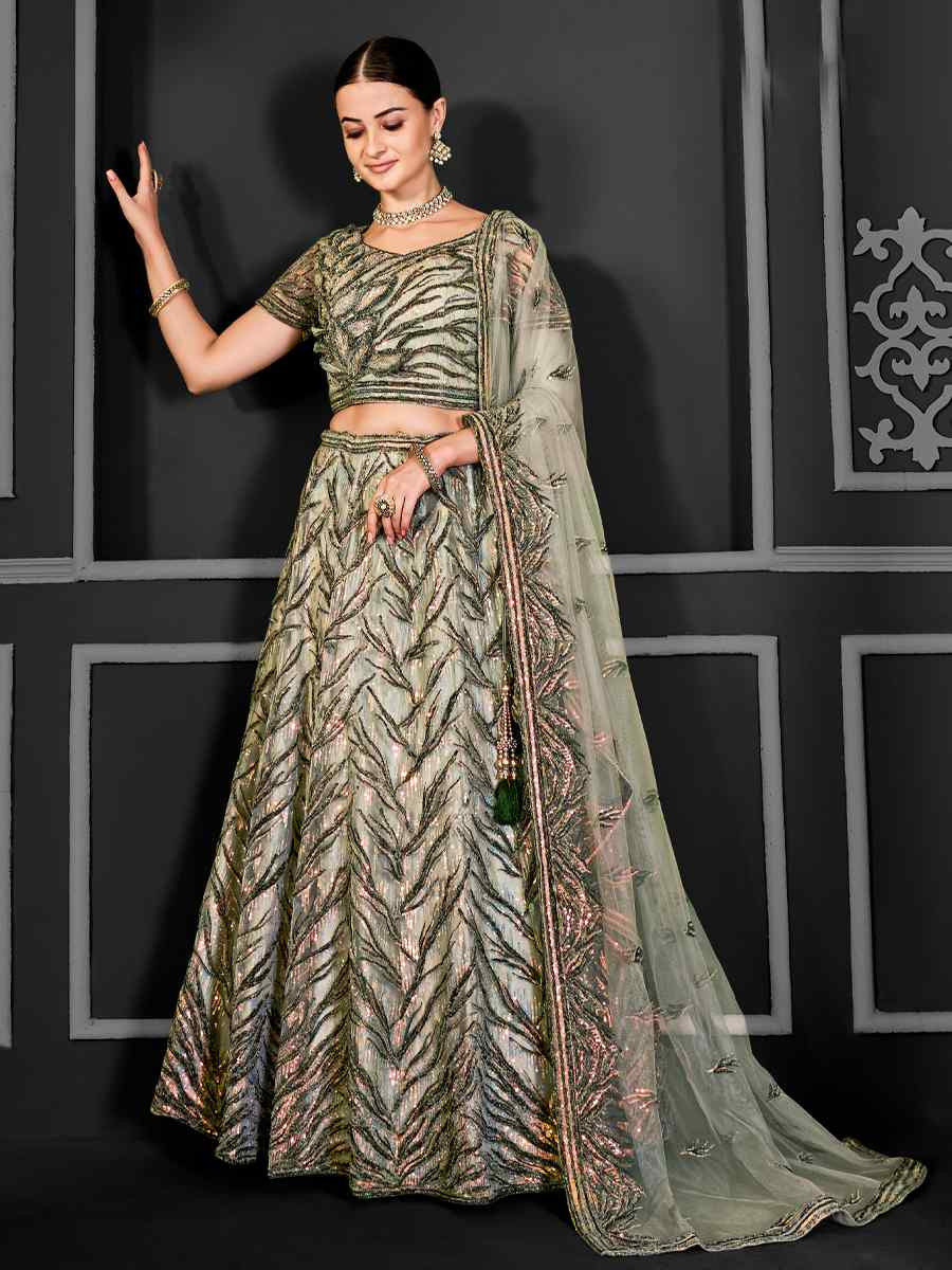 Peach Net Embroidered Festival Wedding Ceremony Circular Lehenga Choli