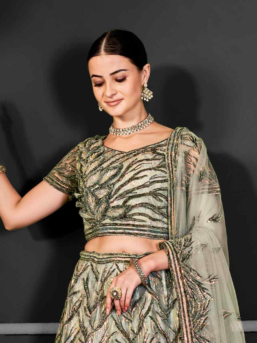 Peach Net Embroidered Festival Wedding Ceremony Circular Lehenga Choli