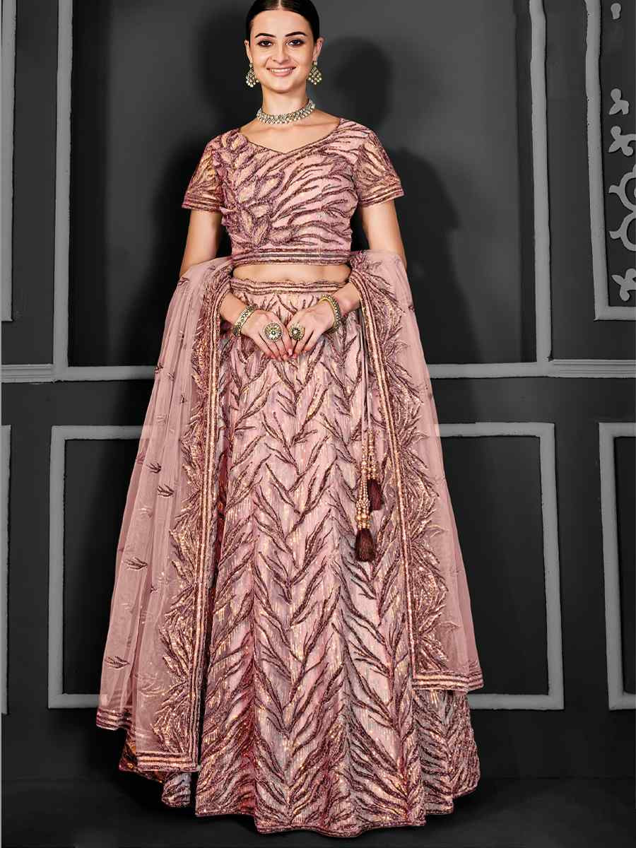 Peach Net Embroidered Festival Wedding Ceremony Circular Lehenga Choli