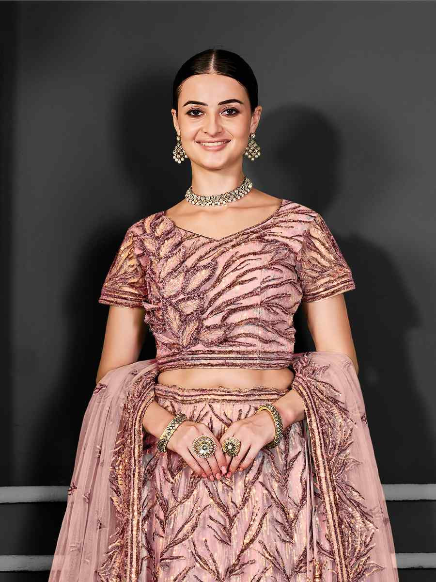 Peach Net Embroidered Festival Wedding Ceremony Circular Lehenga Choli