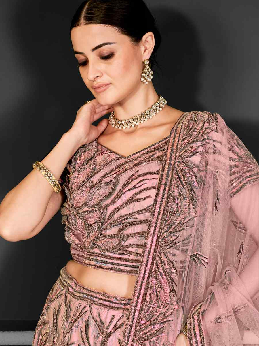 Peach Net Embroidered Festival Wedding Ceremony Circular Lehenga Choli